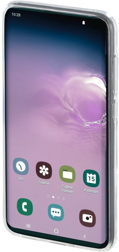 Zbliżenie smartfona z przezroczystym etui pokazujące ikony aplikacji na ekranie.