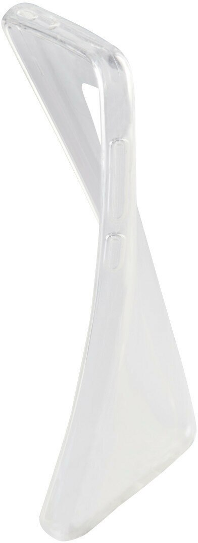 Przezroczyste etui na telefon, elastyczne tworzywo sztuczne, zakrzywione i skręcone. Widok z boku, na krzywiznę.