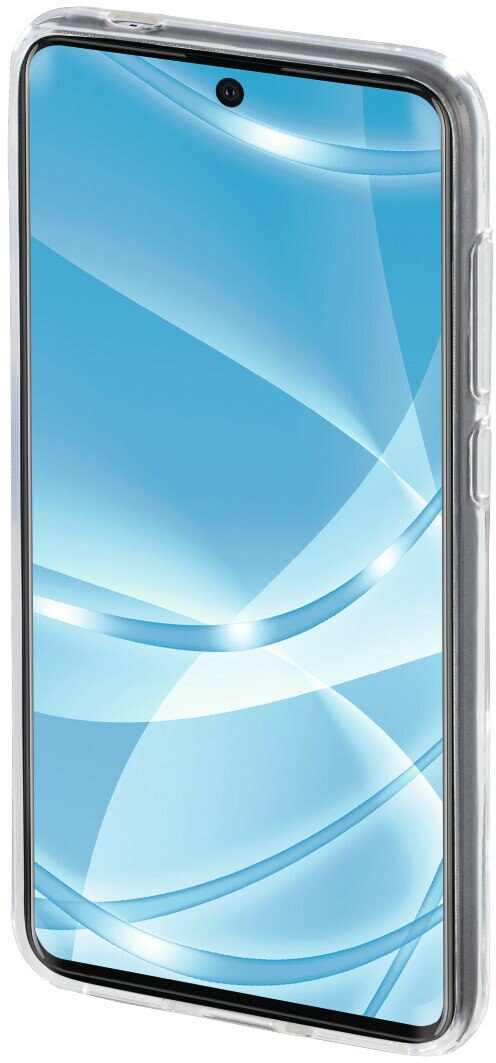 Smartfon z etui, jasnoniebieskie tło, widok z boku telefonu.