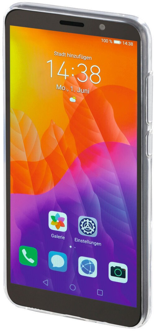 Czarny smartfon w przezroczystym etui, pokazujący godzinę i ikony aplikacji na ekranie.