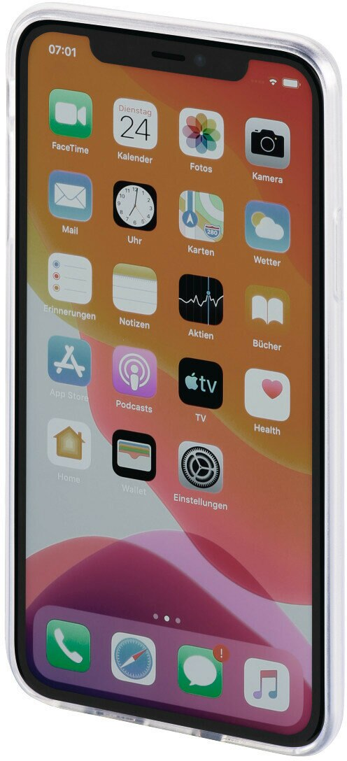 Smartfon w przezroczystym etui, z ikonami aplikacji na ekranie.