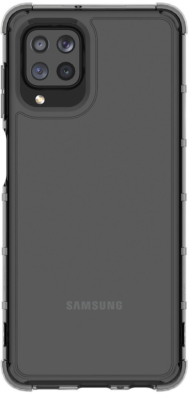 Czarne etui na telefon z wycięciem na aparat i logo Samsung. Ma wytrzymałą konstrukcję.