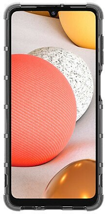 Smartfon w przezroczystym etui. Ekran pokazuje kolorowe kule. Etui ma ochronne rogi.