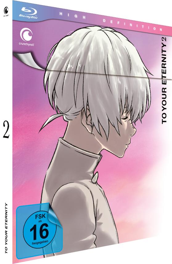 Anime Blu-ray Disc Cover mit Charakter, pinkem und violettem Hintergrund.
