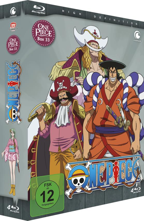 Anime-Box-Set mit Charakteren von One Piece. Bunte Illustration, Text auf Japanisch.