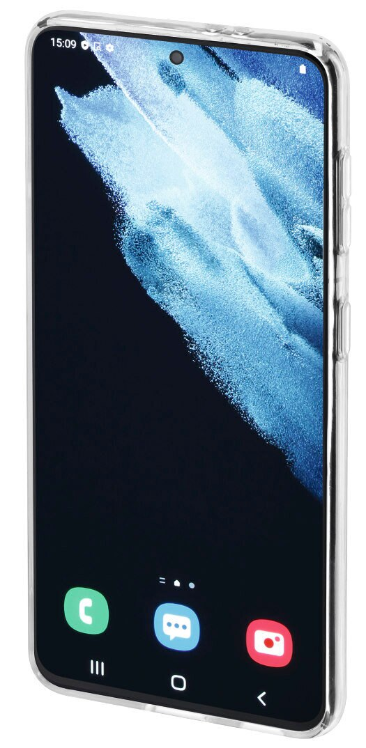 Telefon w przezroczystym etui, wyświetlający ekran główny z ikonami.