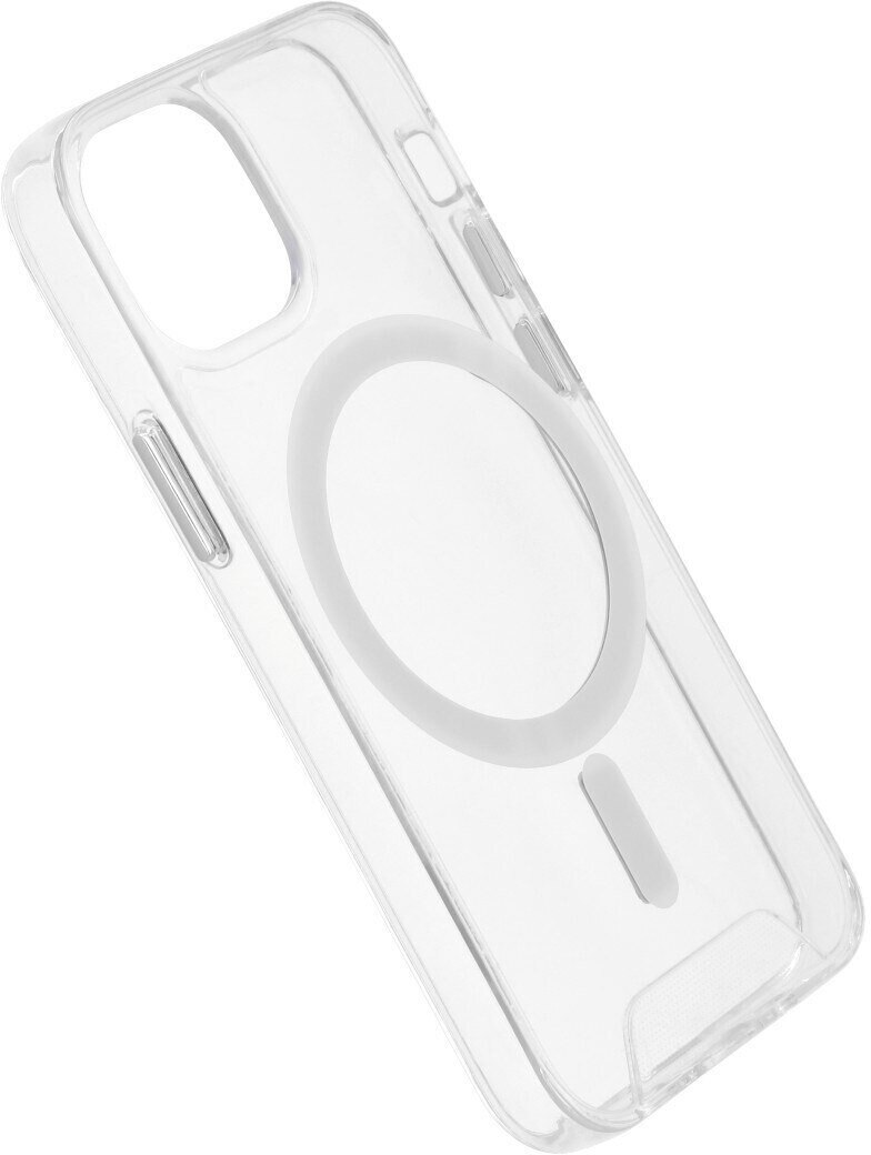 Przezroczyste etui na telefon z białym okręgiem i małym białym paskiem. Jest przekątny.