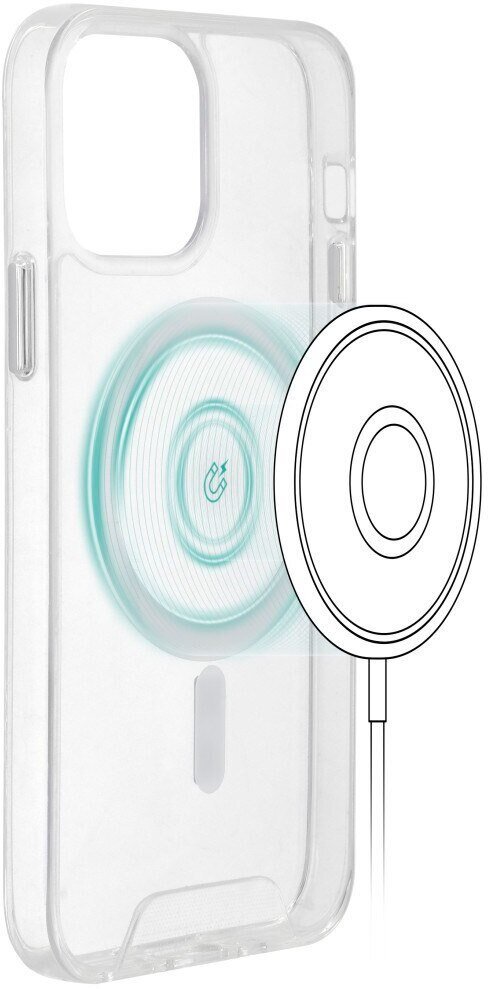 Przezroczyste etui na telefon z okrągłym elementem ładującym i symbolem magnetycznym na białej powierzchni.