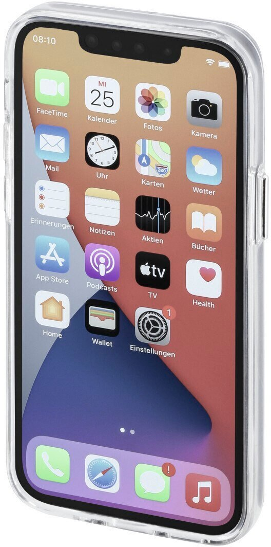 iPhone w przezroczystym etui. Ikony aplikacji na ekranie. Aparat u góry.