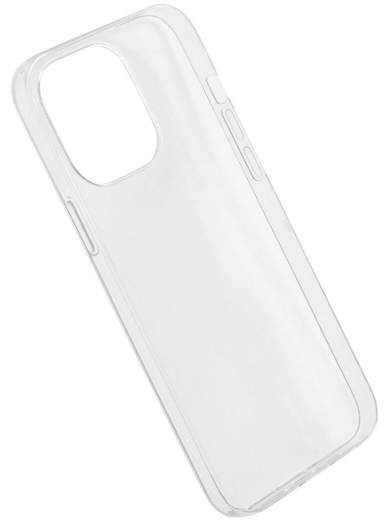 Przezroczyste etui na telefon z wycięciami na aparat i przyciski. Widok pod kątem, gładkie, przezroczyste i na białym tle.