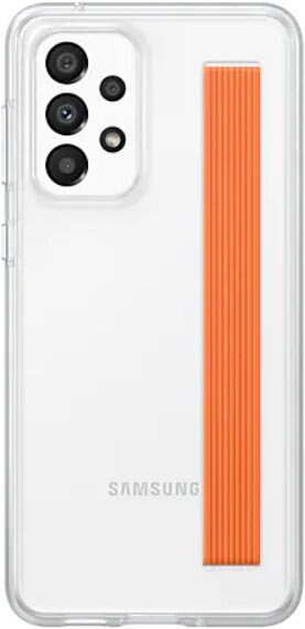 Przezroczyste etui na telefon z pomarańczowym uchwytem. Etui jest przezroczyste z logo Samsung.