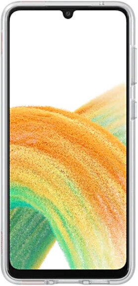Smartfon w przezroczystym etui z kolorowym tłem na ekranie.