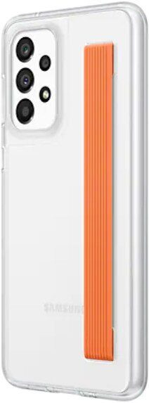 Przezroczyste etui na telefon z czerwonym/pomarańczowym paskiem. Telefon jest biały z logo Samsung.