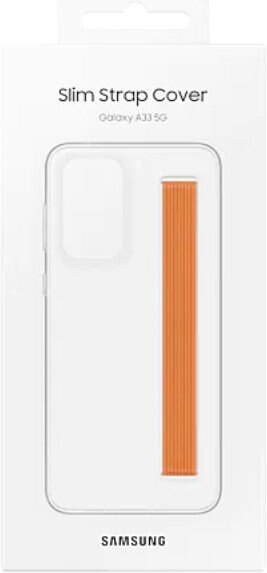 Białe pudełko z przezroczystym etui na telefon i pomarańczowym paskiem. Opakowanie ma logo Samsung.