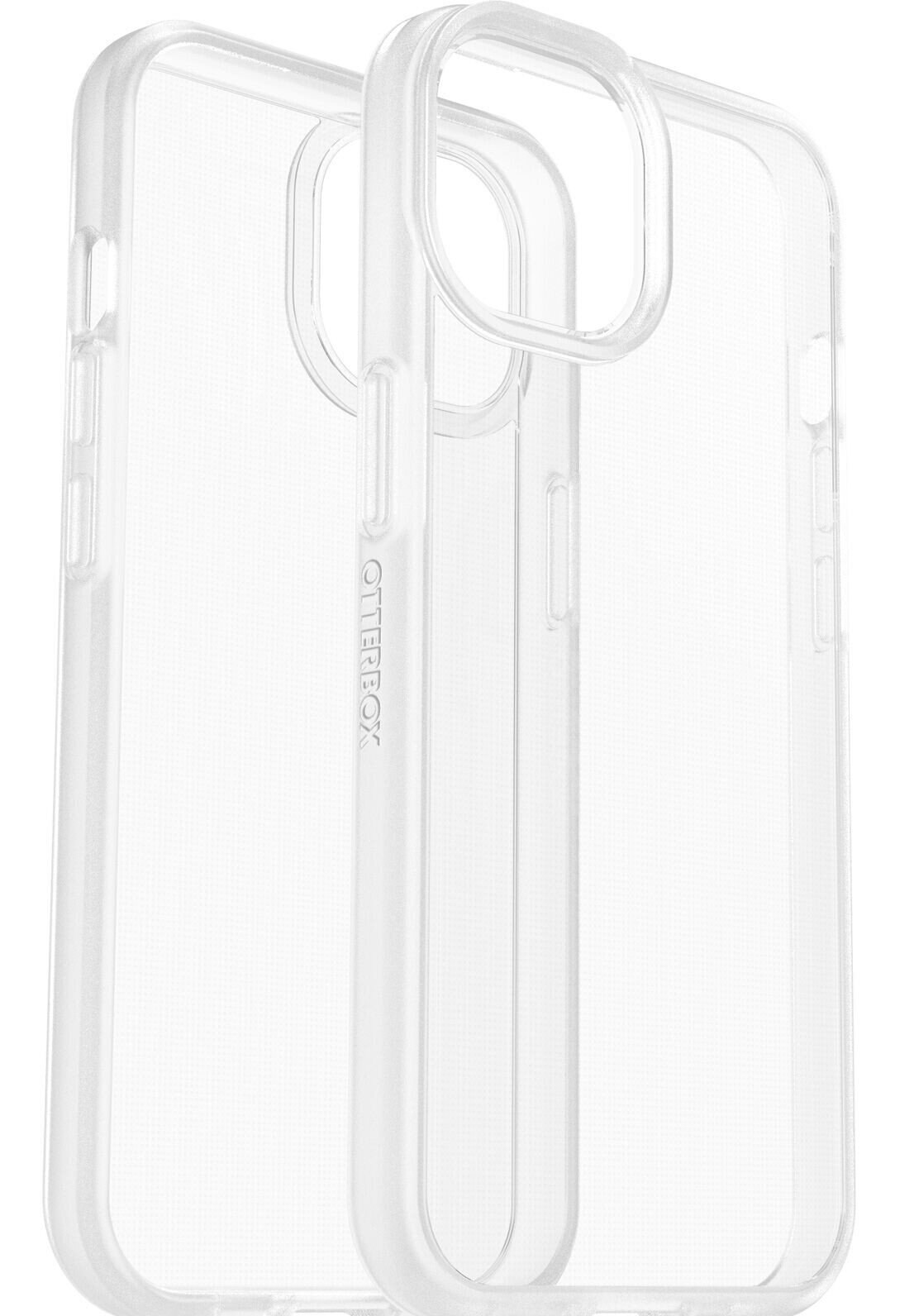 Dwa przezroczyste etui na telefon, marki Otterbox, obok siebie na białym tle.