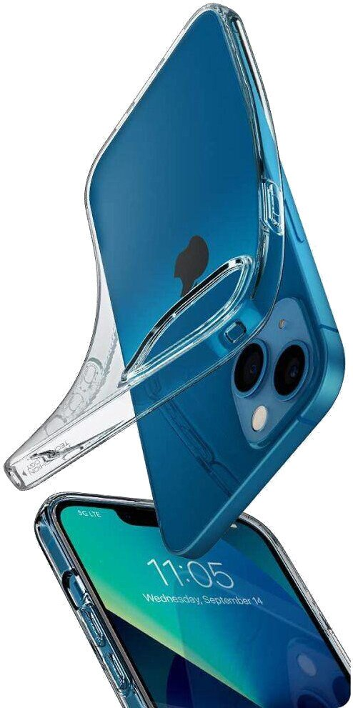 Przezroczyste etui na niebieskim telefonie, prezentujące cechy designu na białym tle.