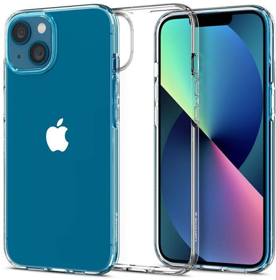 Niebieski telefon z przezroczystym etui. Widoczne logo Apple. Etui jest przezroczyste.