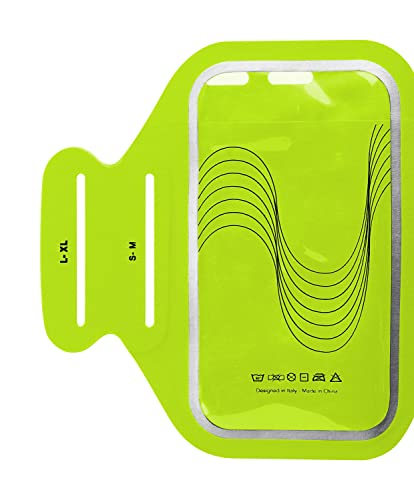 Brazalete verde para teléfono con ventana transparente y logotipo.