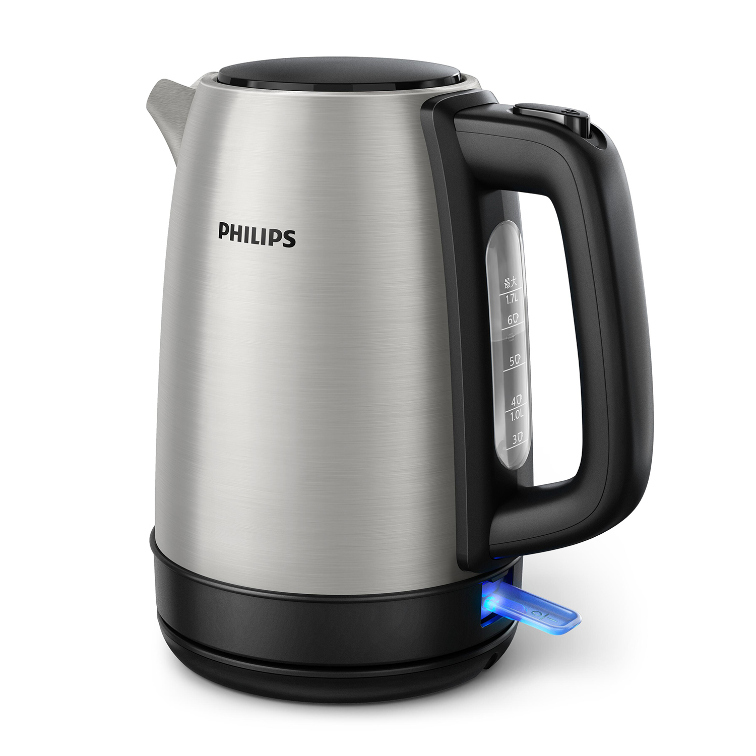 Un bollitore elettrico Philips argento e nero con manico nero e luce blu.