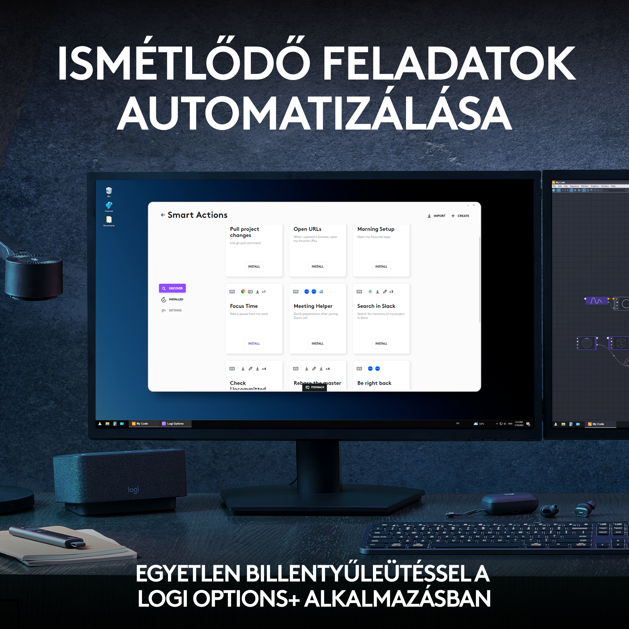 Egy számítógép-monitor egy irányítópultot jelenít meg intelligens akció opciókkal. Van egy billentyűzet és hangszórók.