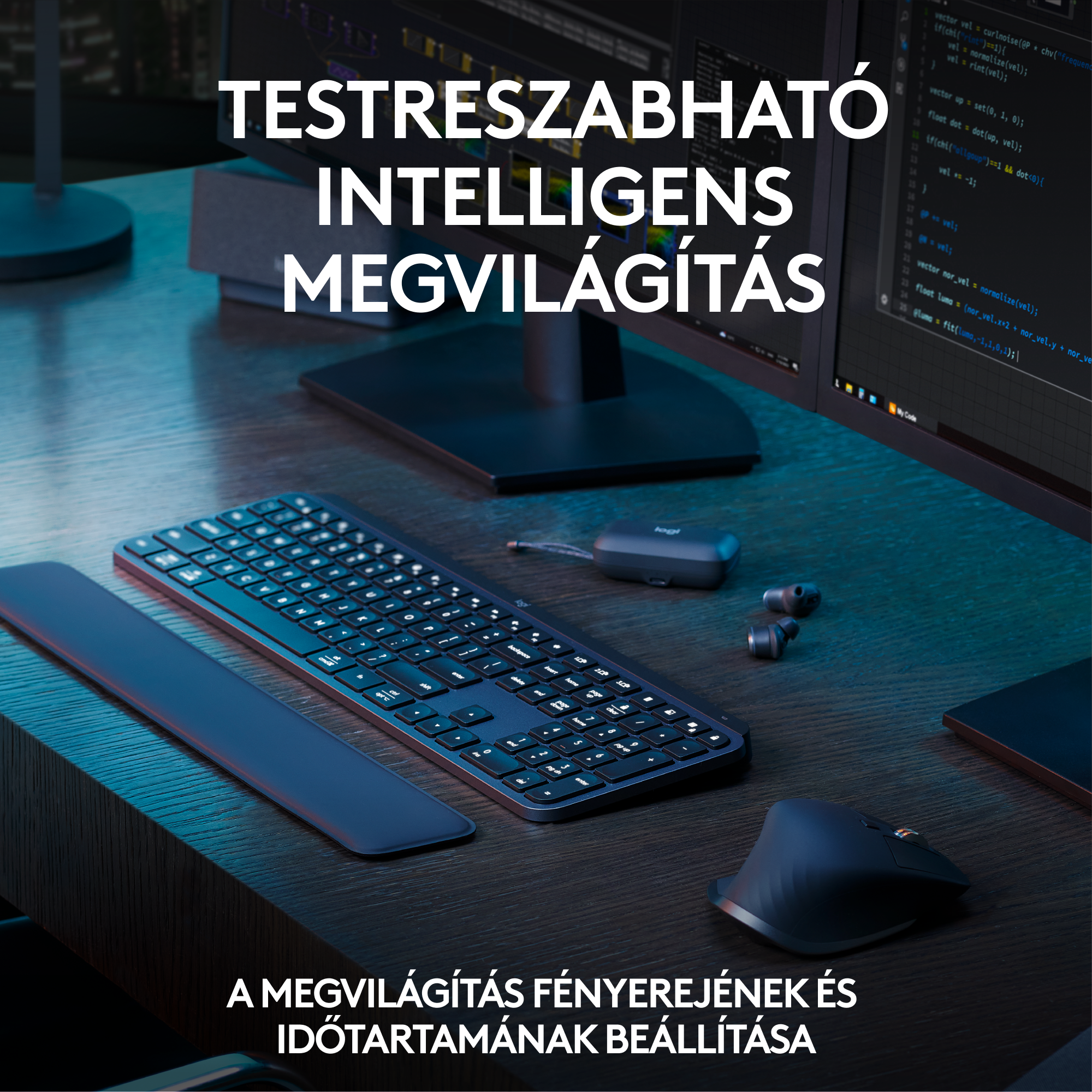 Billentyűzet, csuklótámasz, monitor, egér. Szöveg: Testreszabható intelligens világítás. Fényerő és időtartam beállítása.
