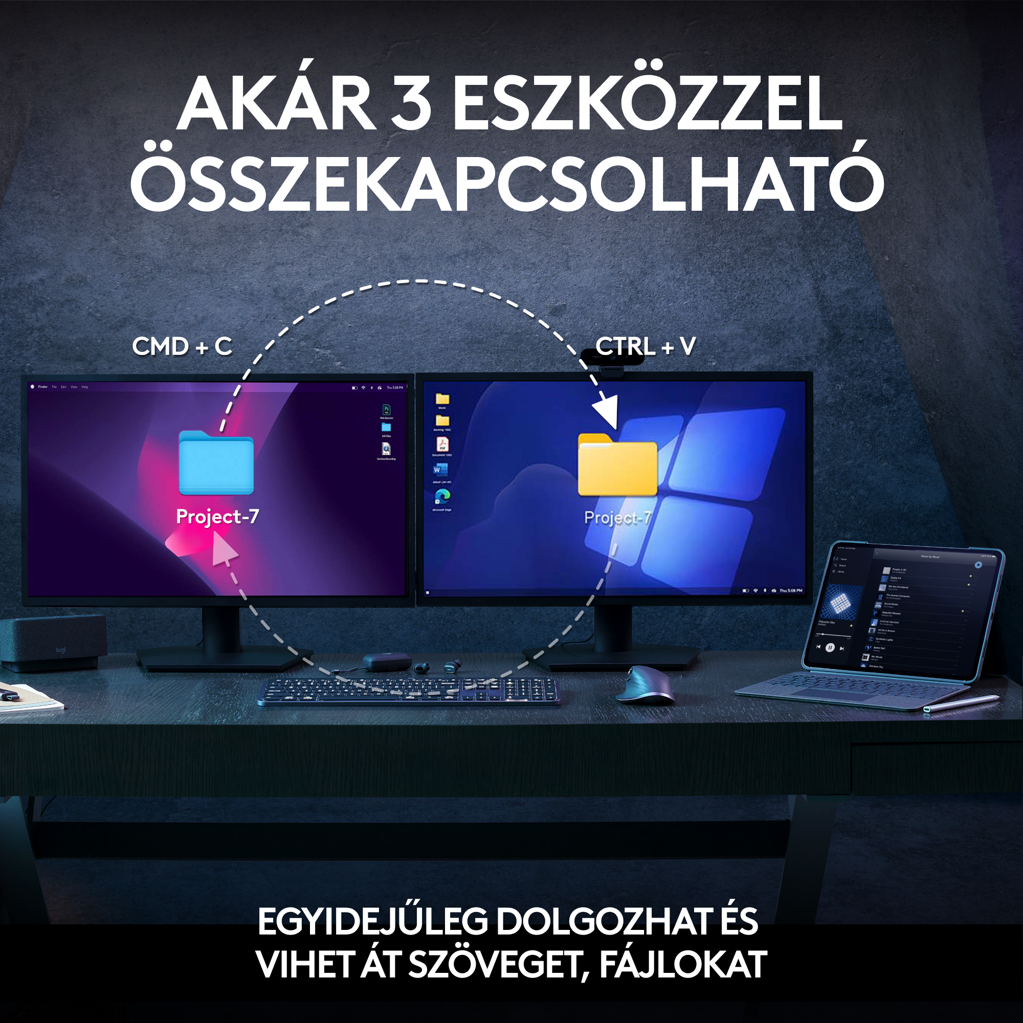 Két számítógép monitor és egy tablet egy asztalon, szöveggel és diagramokkal.