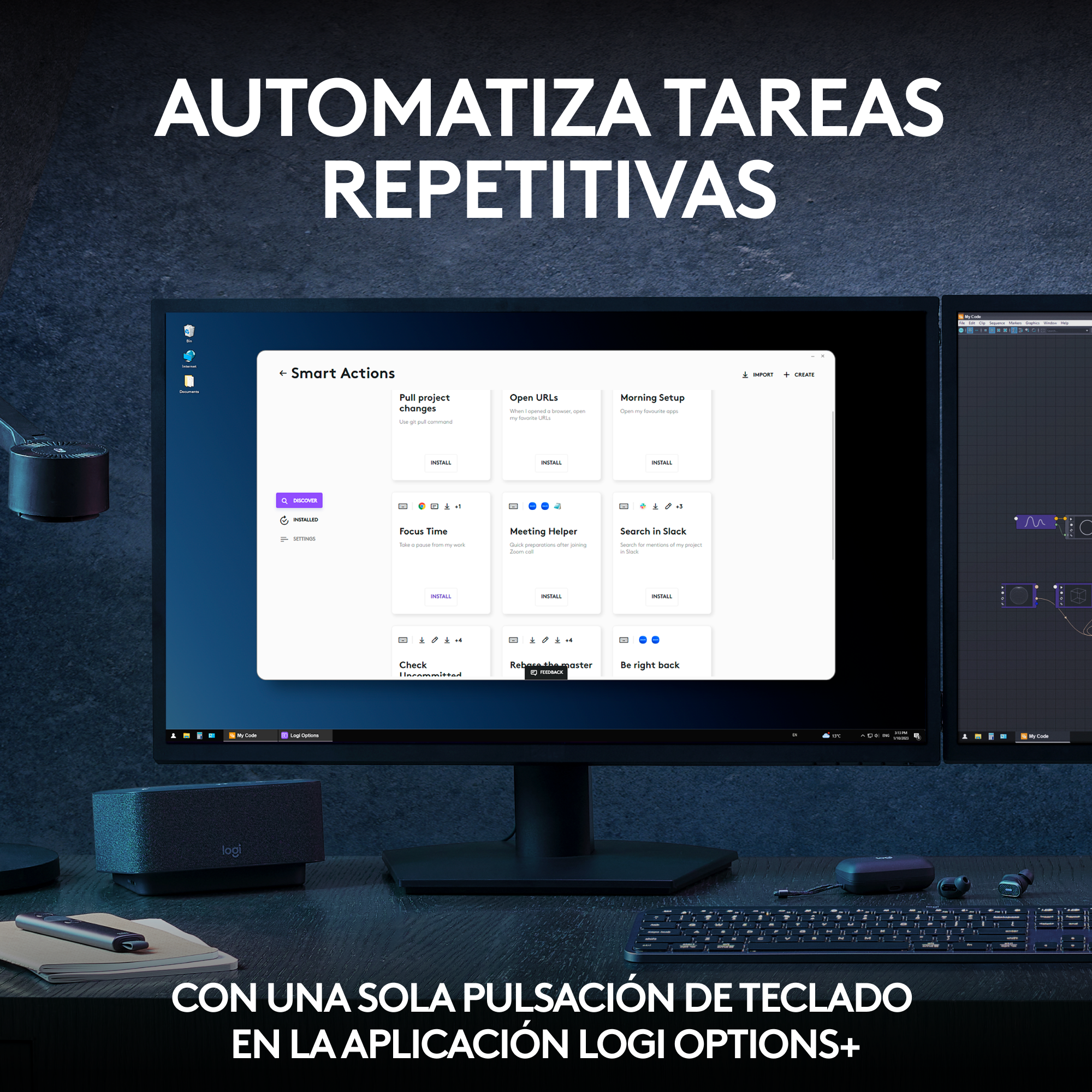 Una configuración de escritorio con dos monitores que muestran software. El texto promueve la automatización.