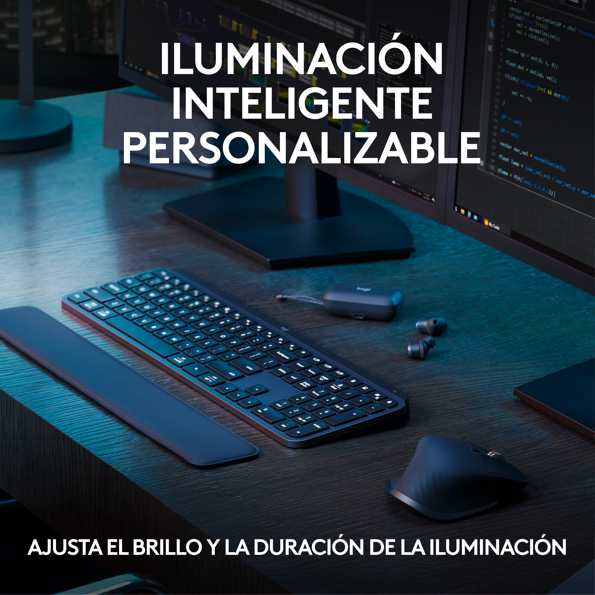 Configuración de escritorio con teclado, monitor y ratón, con texto superpuesto 'Iluminación'.