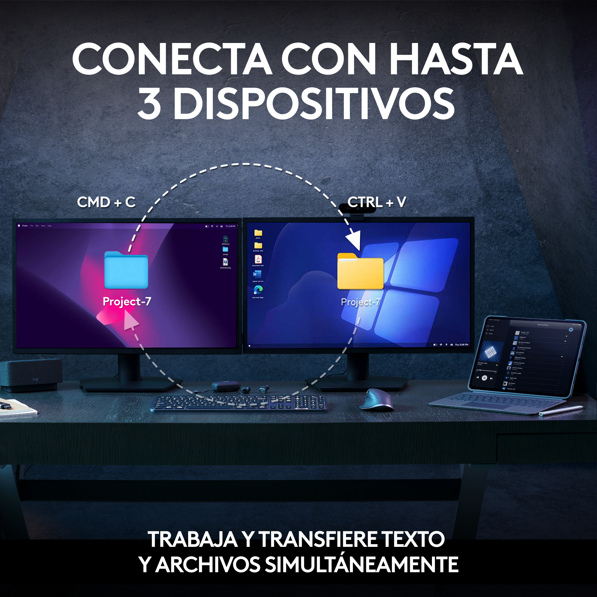 Dos monitores muestran trabajo, uno con un proyecto, el otro con una interfaz de Windows.