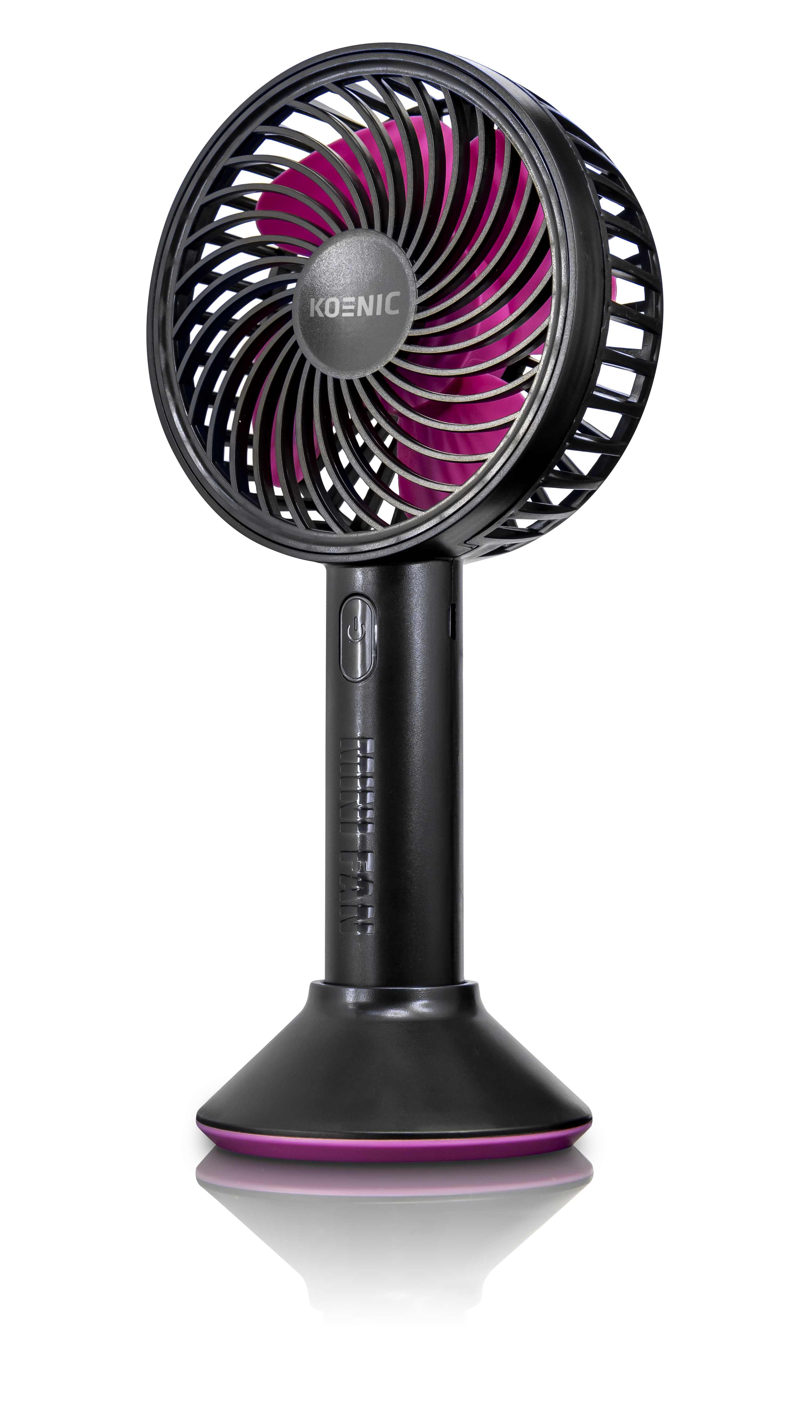 Fekete és lila hordozható ventilátor fehér háttérrel. Koenic logó.