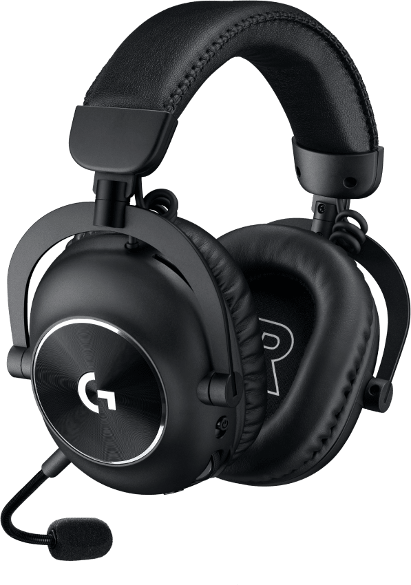 Fekete gamer headset mikrofonnal. Nagy 'G' logóval rendelkezik minden fülkagylón és hangerőszabályzóval.