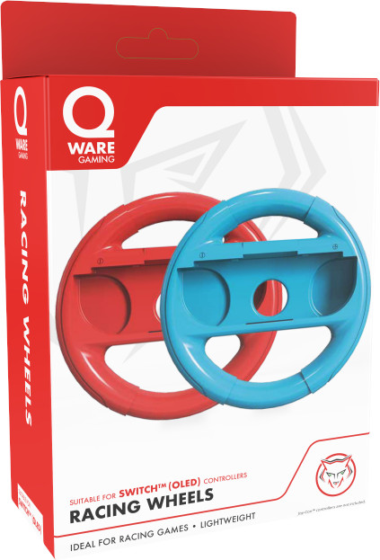 Red and blue racing wheel controllers in a red box, for gaming.