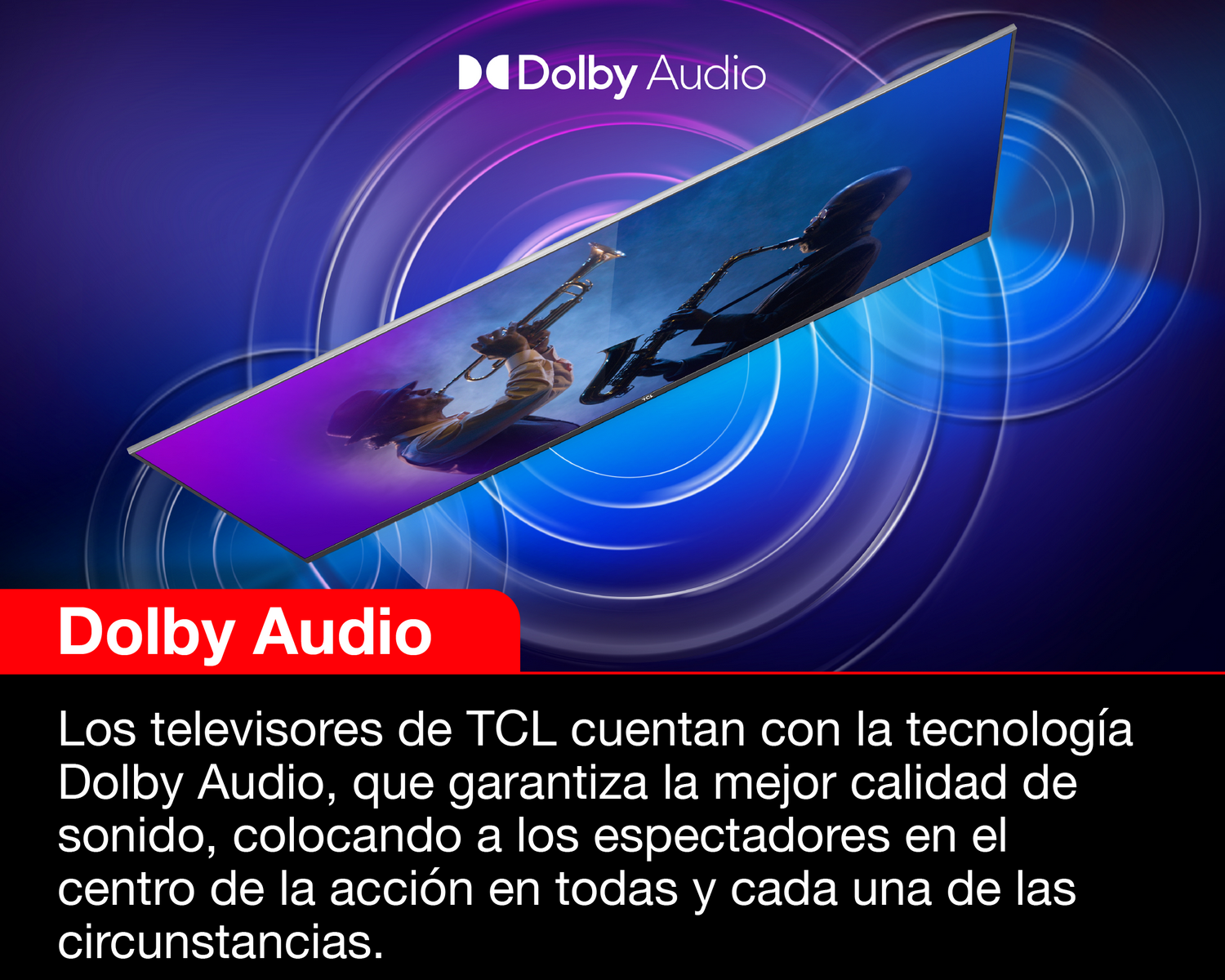 Una pantalla de TV que muestra una escena de película con el logo 'Dolby Audio'. Texto describe la tecnología.