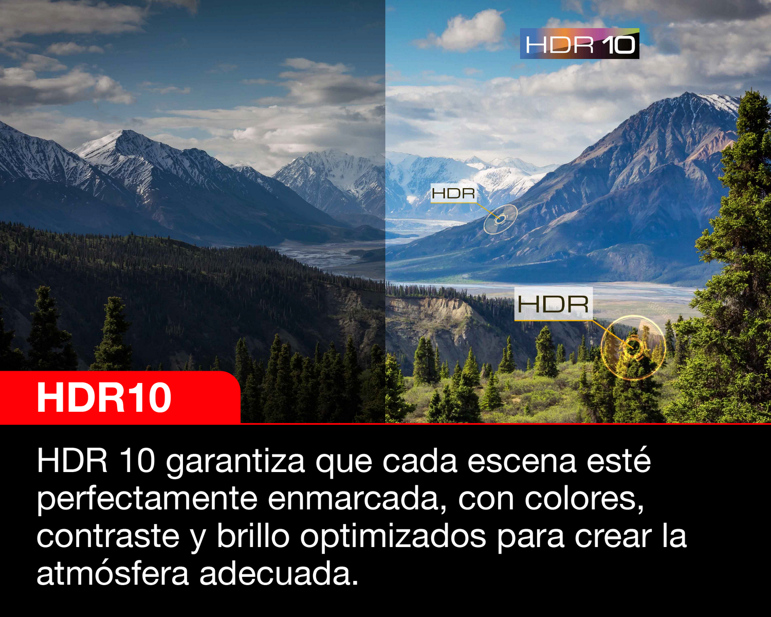 Foto de paisaje que muestra una comparación de HDR y HDR10 con texto.