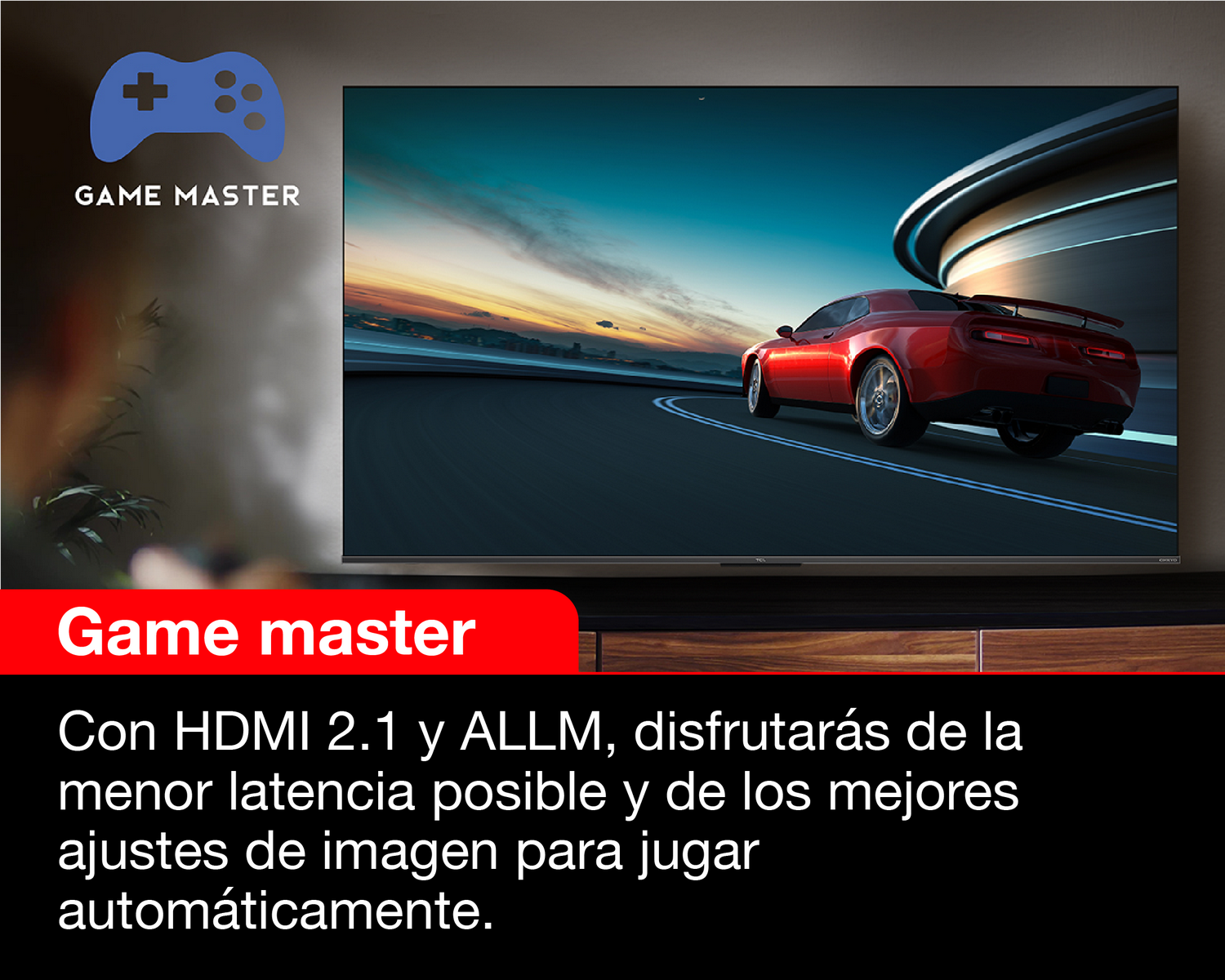 Pantalla de TV mostrando un coche en una carretera, con texto sobre juegos.