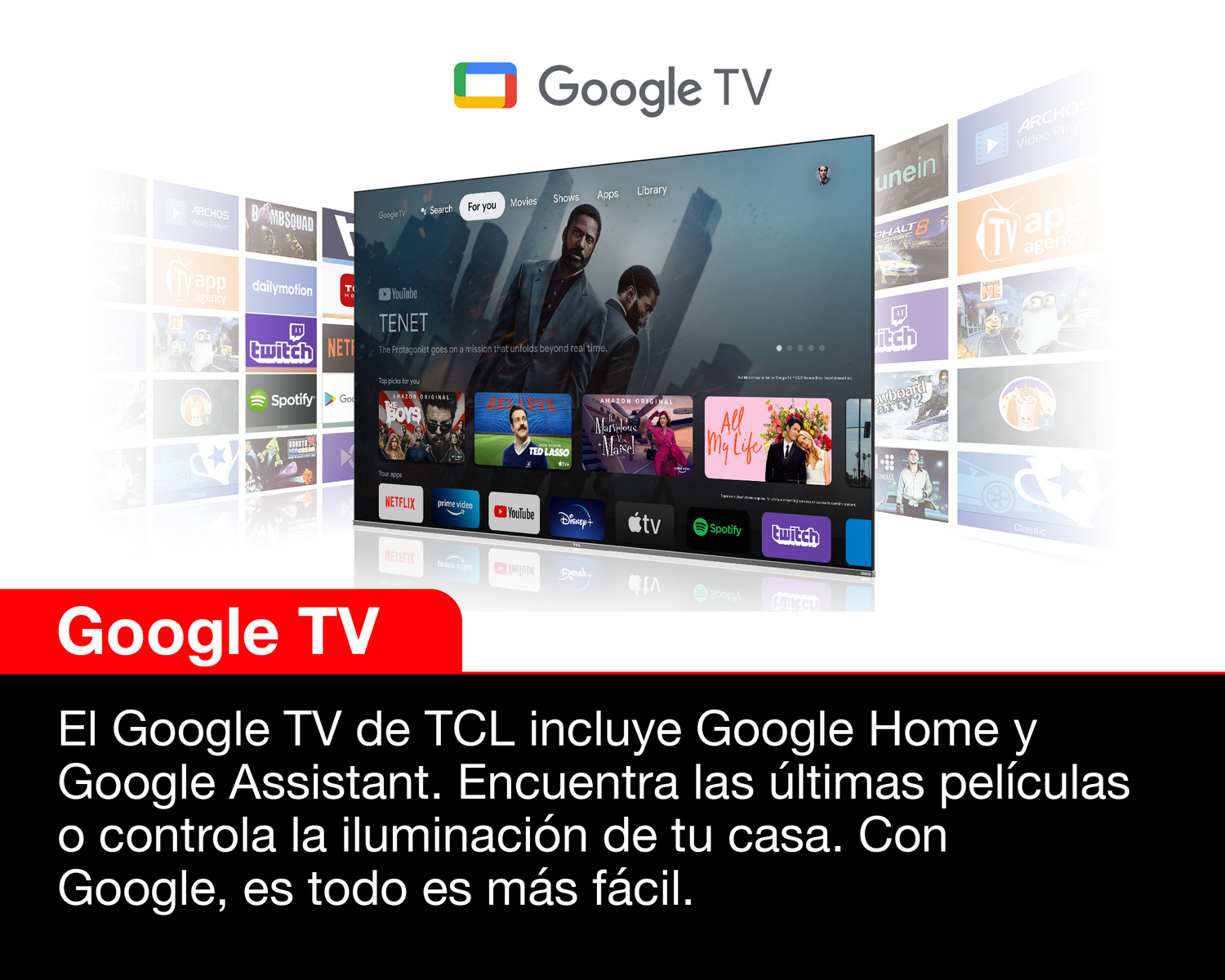 Una pantalla de TV que muestra varias aplicaciones de transmisión. Un logotipo de Google TV en la parte superior.