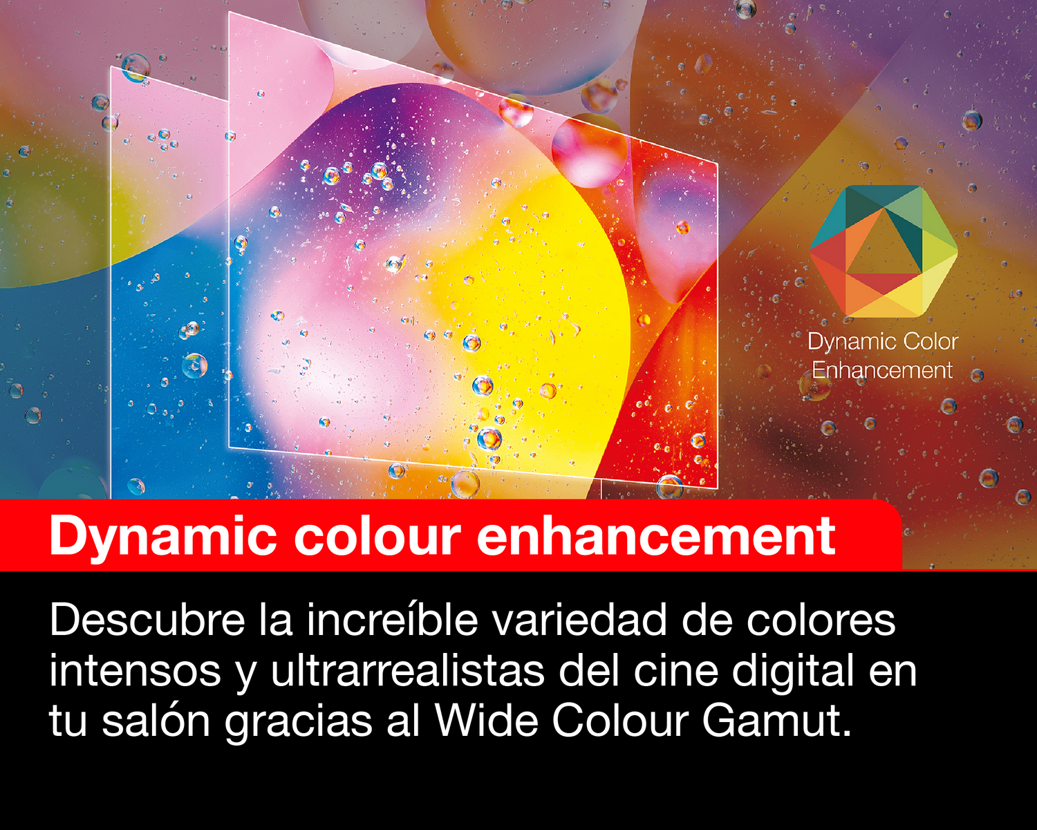 Imagen muestra pantalla con mejora de color dinámica. Texto promociona la función.