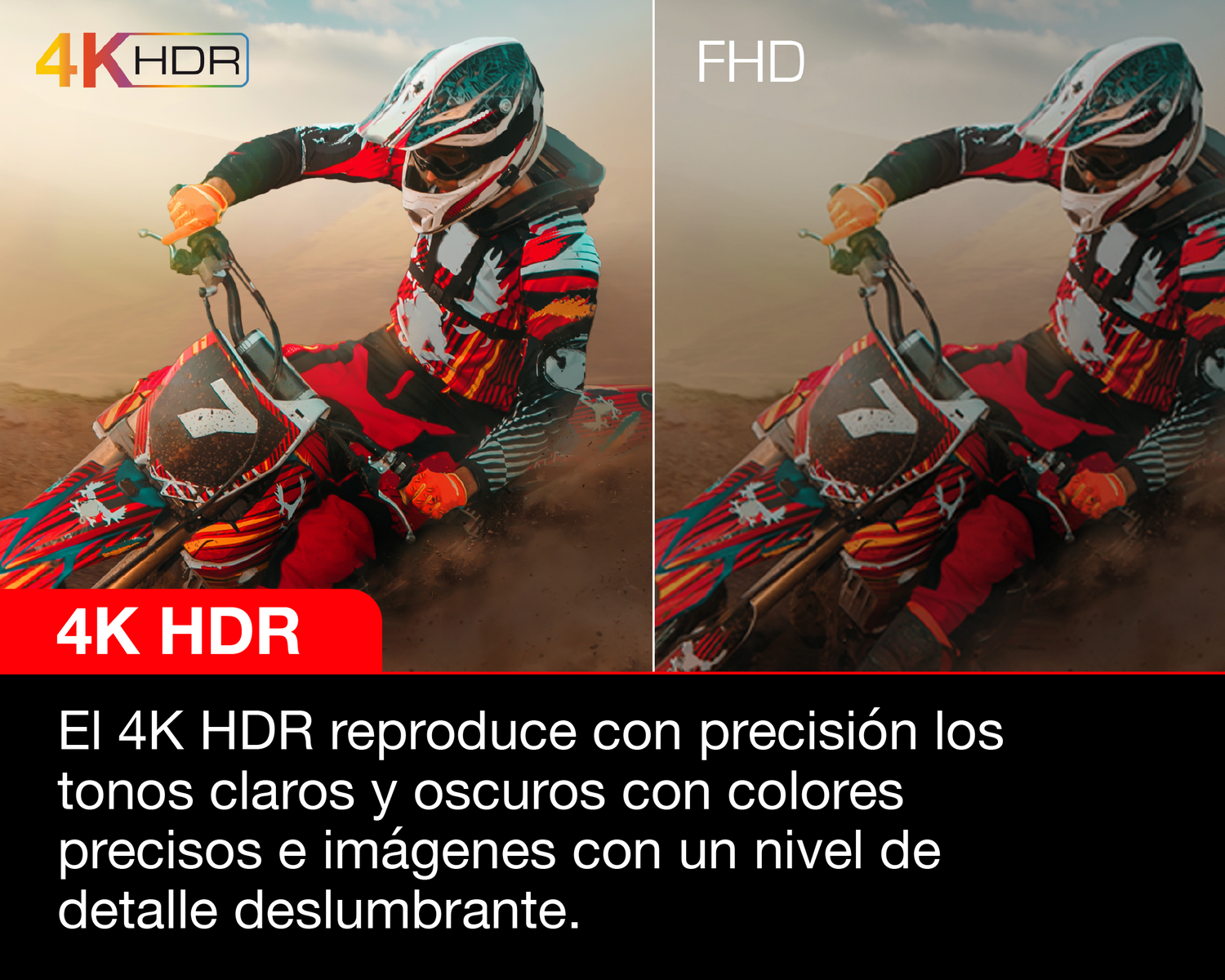 Una persona en una motocicleta con texto que dice '4K HDR' y una comparación con FHD.