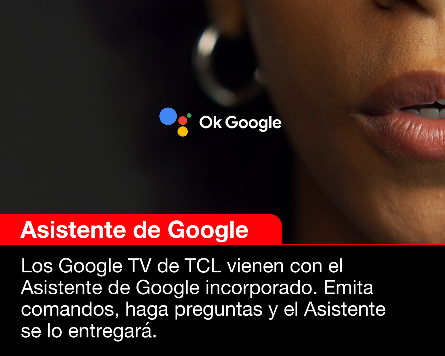 La cara de una mujer con un gráfico del Asistente de Google. Texto: Asistente de Google. Google TV tiene Asistente integrado.