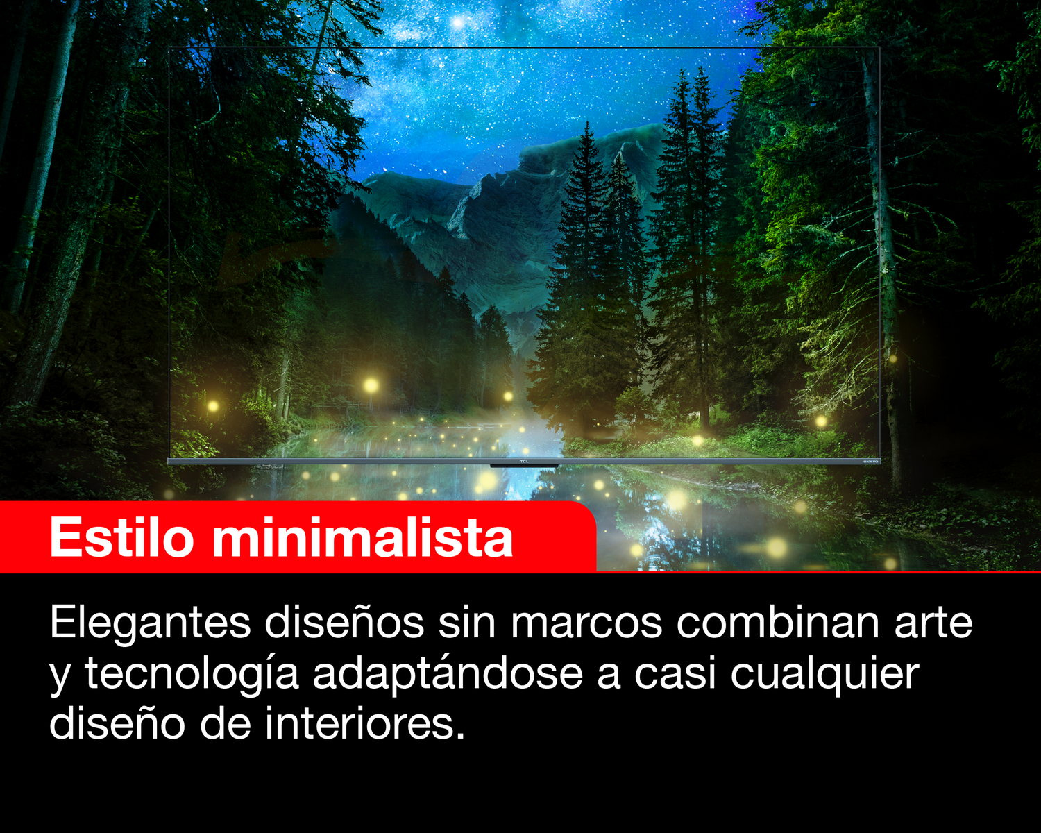 Texto de estilo minimalista en una pantalla de TV grande con fondo de bosque. Texto en español.
