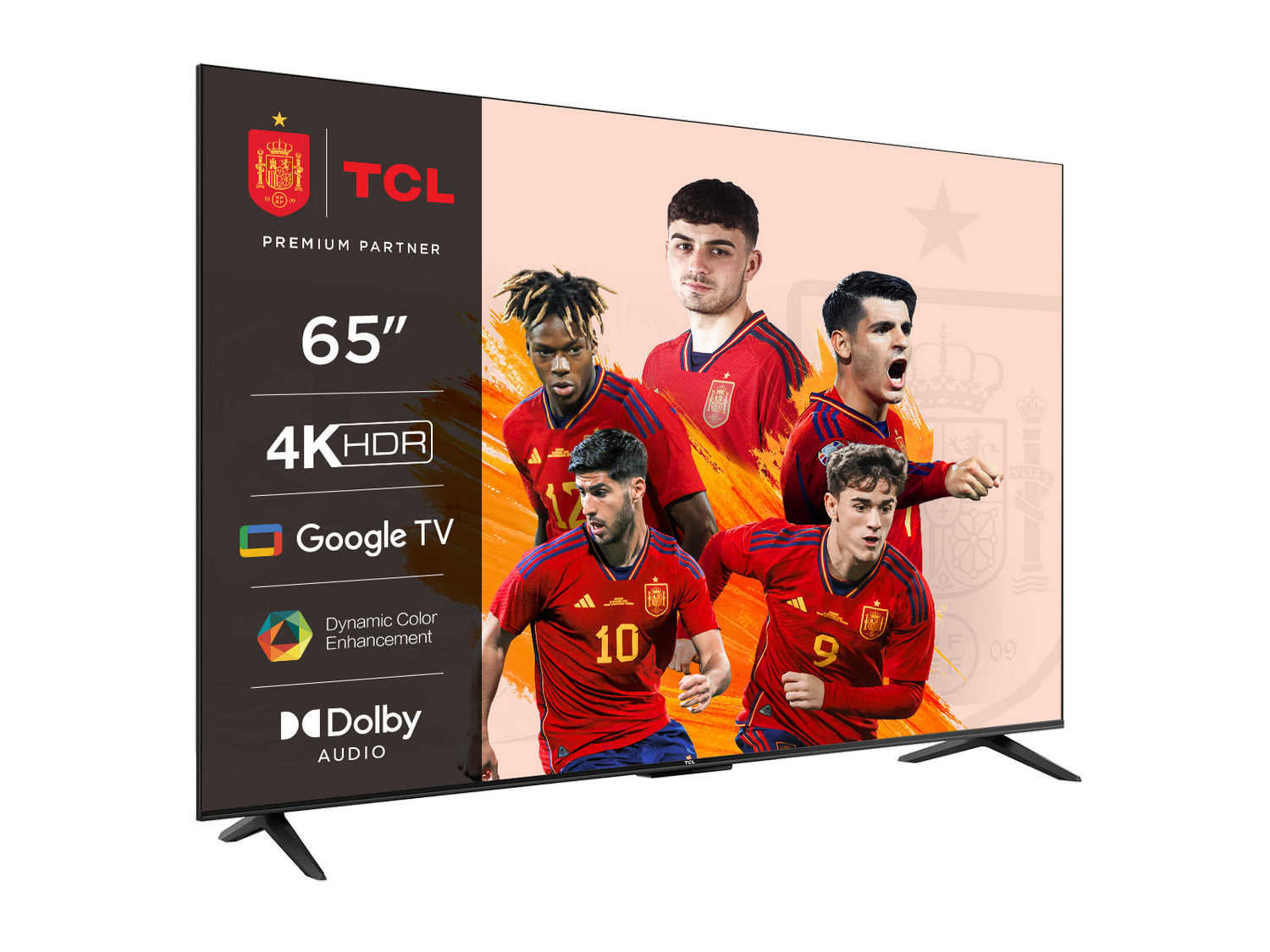 Una pantalla de TV que muestra un equipo de fútbol, con el logo de TCL e iconos de funciones tecnológicas.