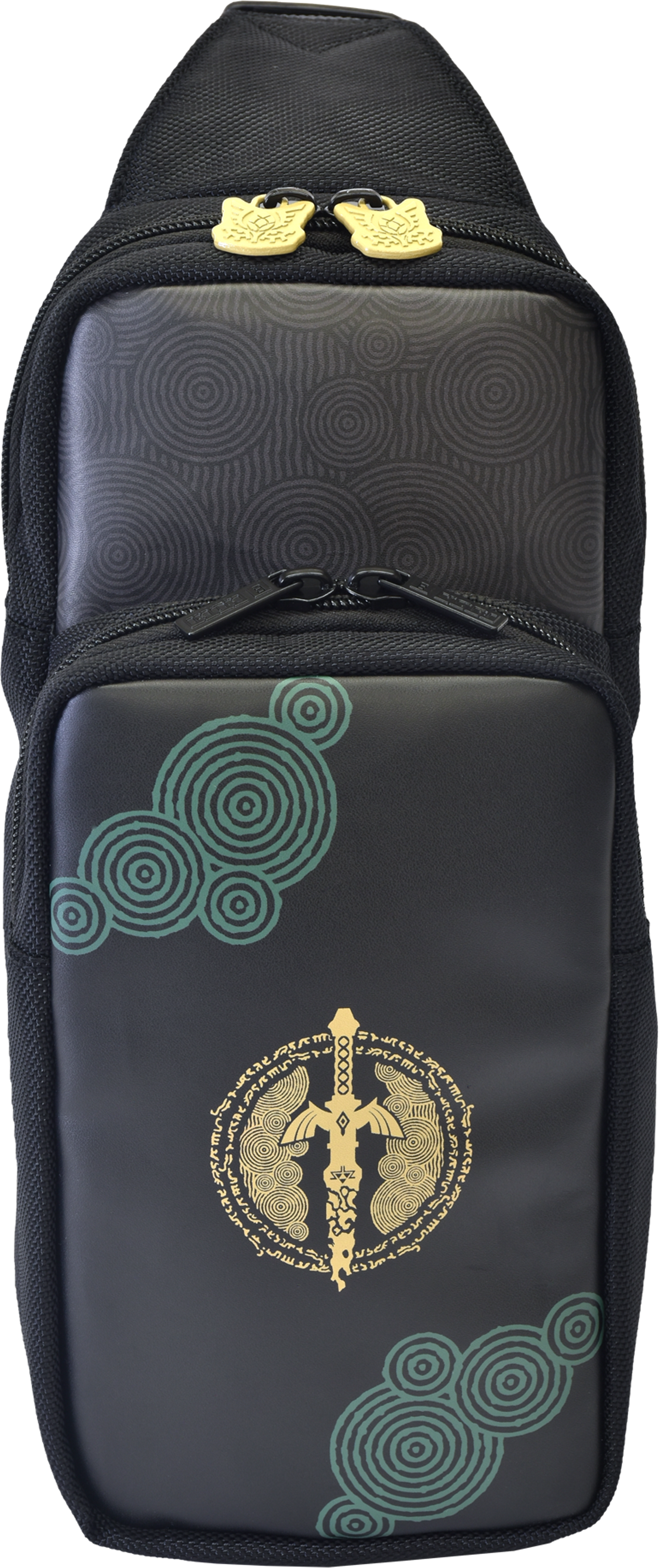 Schwarze Nintendo Switch Reisetasche mit Zelda-Design. Goldene Reißverschlüsse und stilisiertes Design.