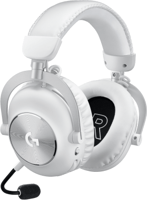Fehér gamer headset mikrofonnal. A fülkagylókon az 'R' betű látható.