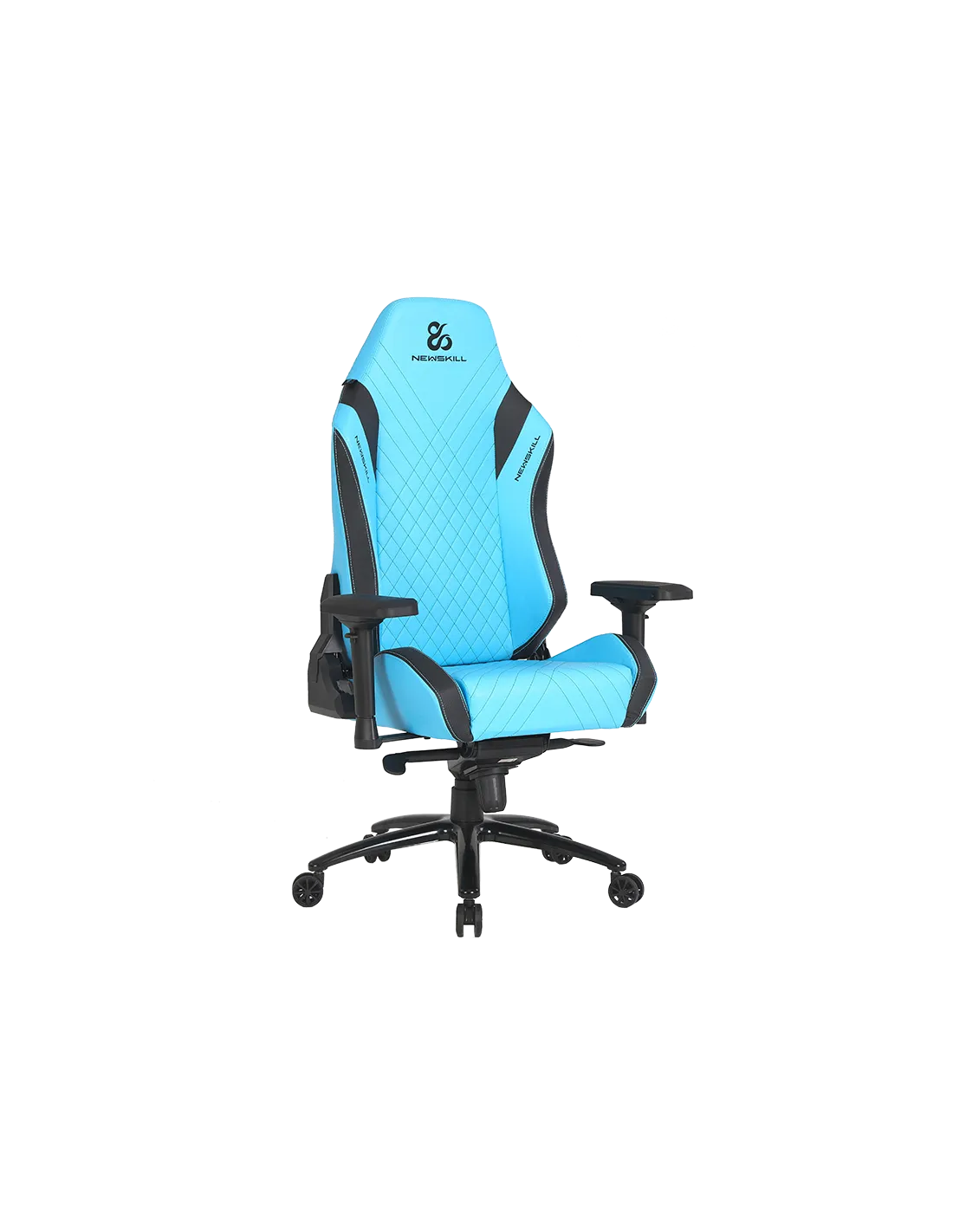 Silla gaming azul con detalles negros y base negra.