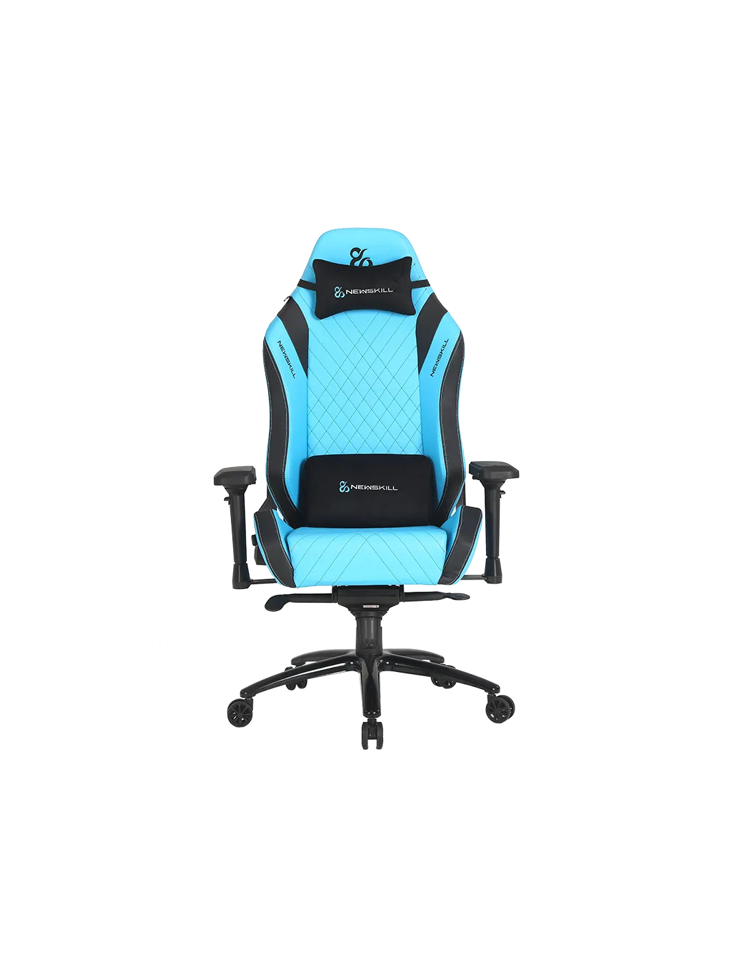 Silla gaming azul y negra sobre base negra con ruedas. Con reposacabezas.