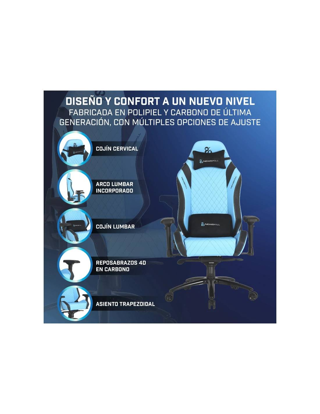 Silla gaming azul, opciones de ajuste mostradas en infografía.