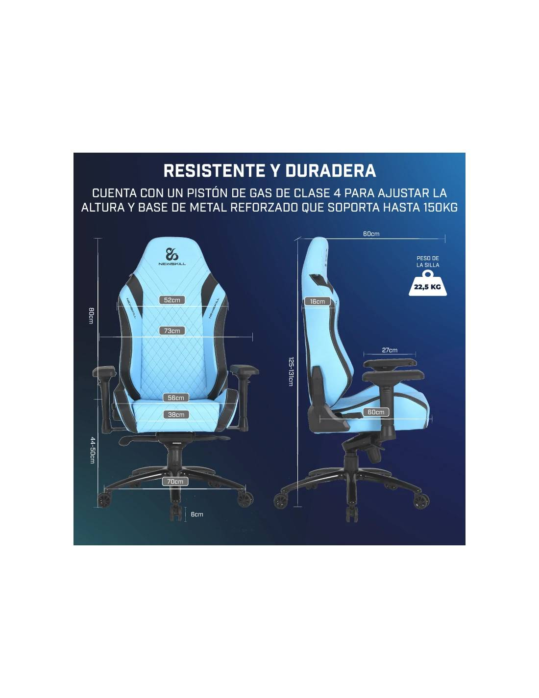 Silla gaming azul claro con dimensiones. Cuenta con base metálica y altura ajustable.