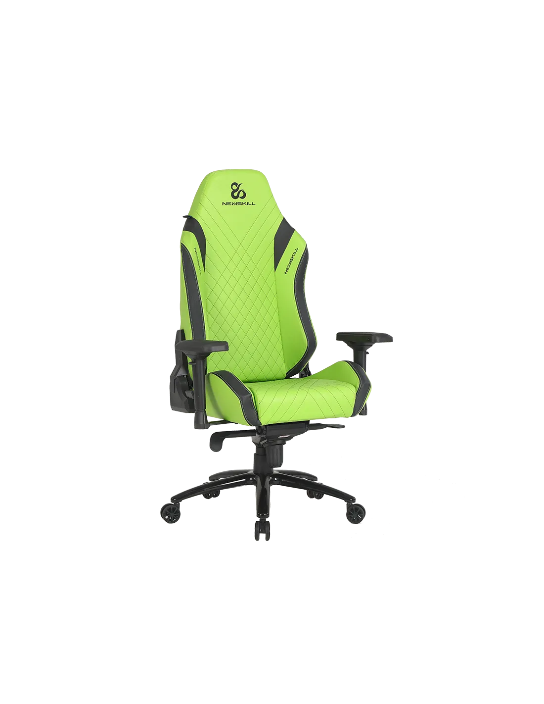 Una silla gaming verde y negra sobre un fondo negro. La silla tiene un patrón de diamantes.