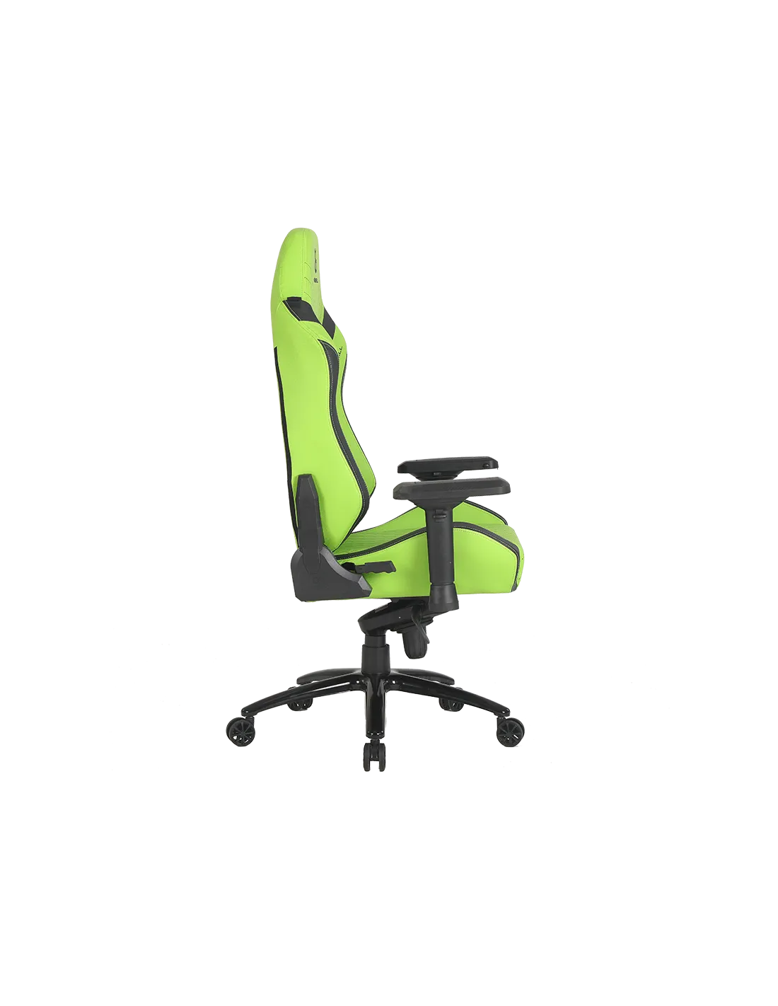 Silla gaming verde, vista lateral, detalles negros, ruedas, ajustable.