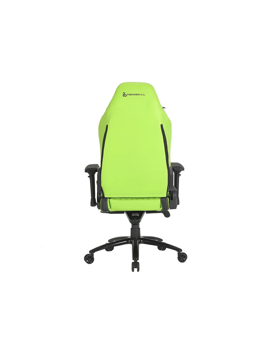Vista trasera de una silla gaming verde neón con detalles negros, aislada sobre fondo negro.